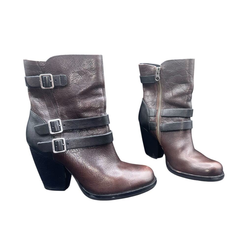 Kork-Ease Brown Leather Ankle Boots Triple Buckle Block Heel Booties 6M